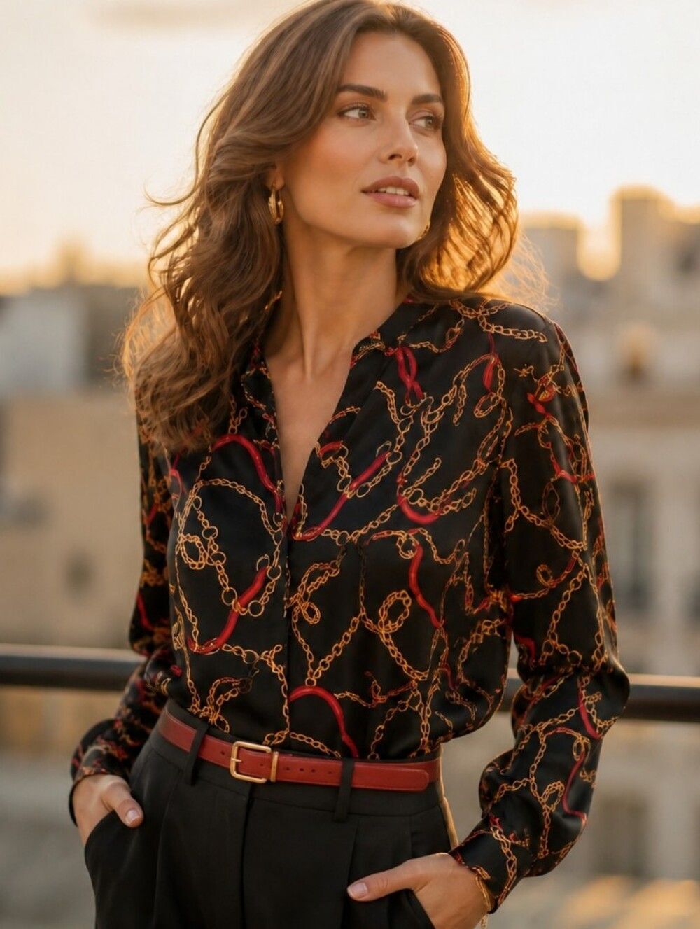Anne Klein Black Satin Blouse with Gold Chain & Red Accents